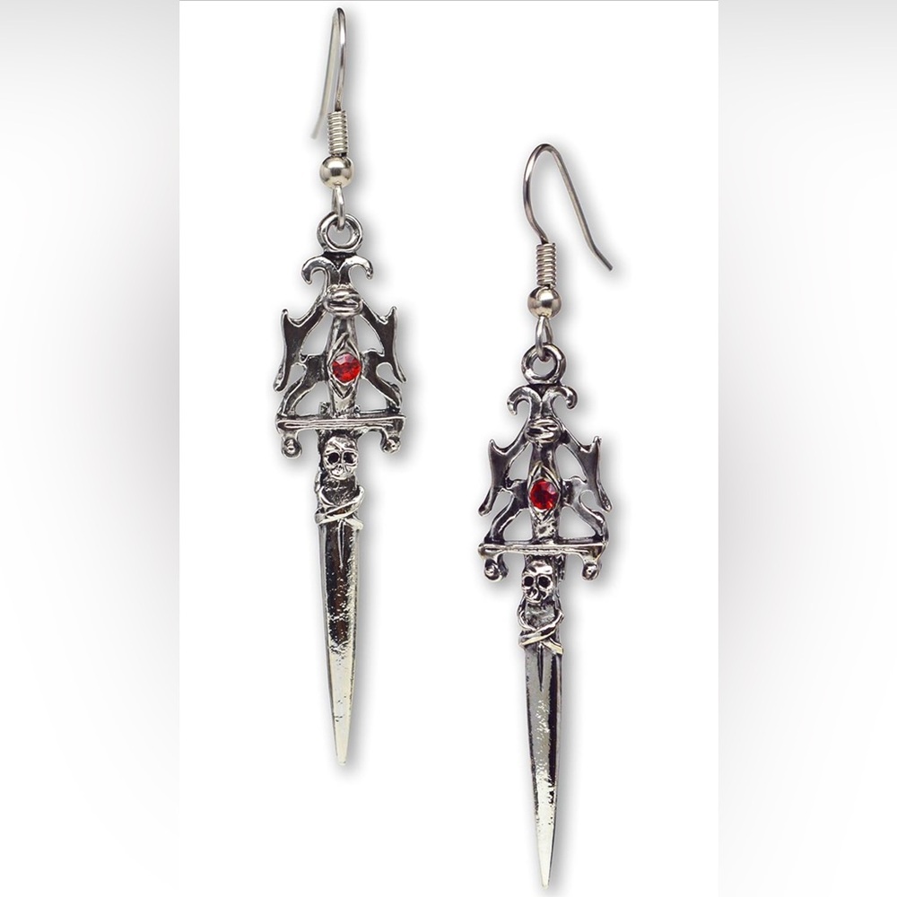Silver and Red Goth Dagger Sword Skull Earrings ☠️🗡️